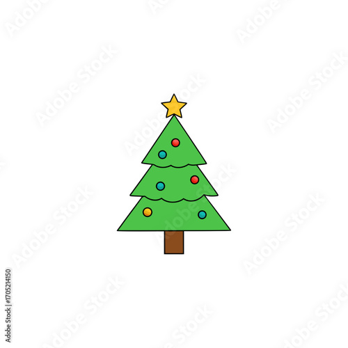 Cartoon christmas tree with ornaments and star isolated on transparent background