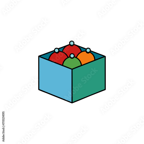 Colorful christmas ornaments in a box isolated on transparent background