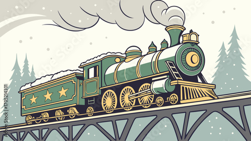 Vintage green steam locomotive chugging across a snowy bridge in a winter forest landscape with falling snowflakes
