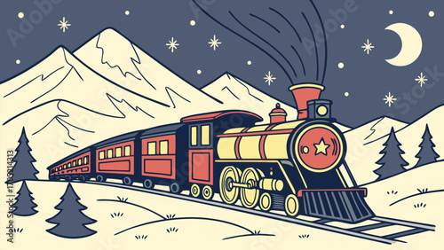 Vintage steam train traveling through a snowy mountain landscape under a starry night sky with a crescent moon