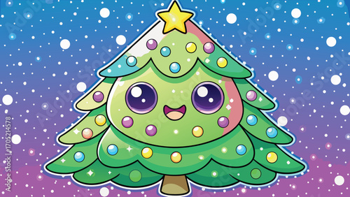 Cute christmas tree character with big eyes and colorful ornaments decorated with festive lights on snowy background