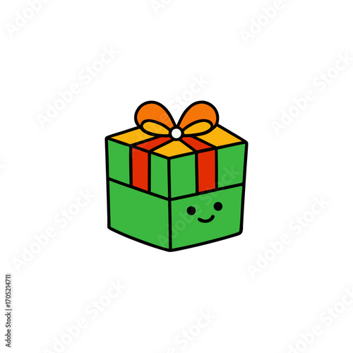 Cute green gift box with happy face isolated on transparent background