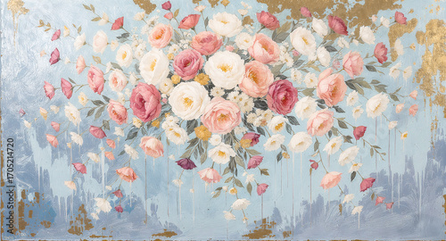 Floral arrangement in pastel colors eustomas on oil painting background  