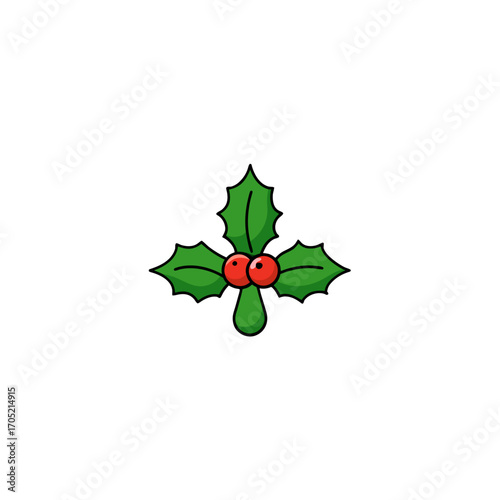 Cartoon holly sprig with red berries isolated on transparent background