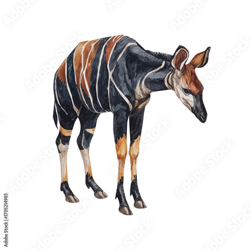 Okapi, watercolor drawing vector, isolated on a white background.