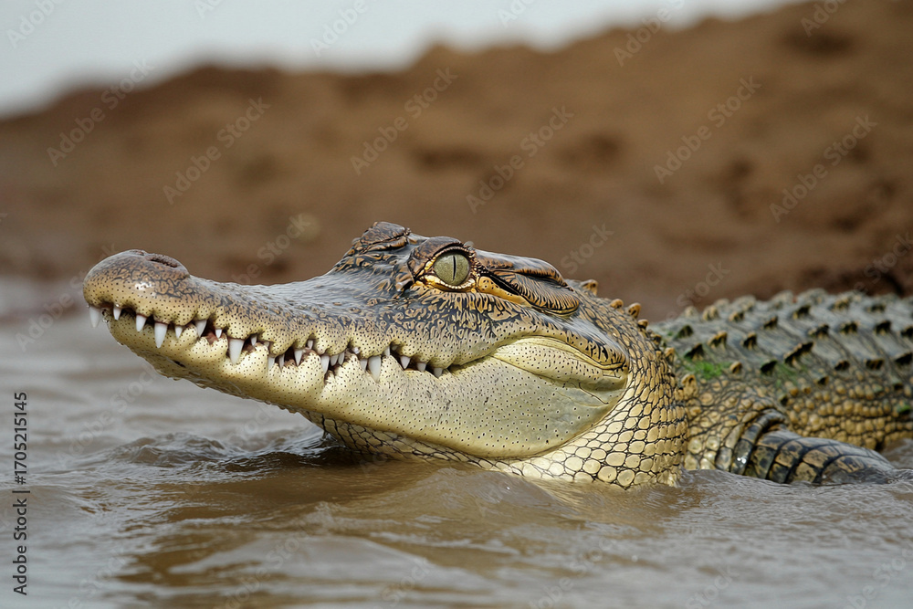 Fototapeta premium Crocodile lying submerged in water with only its eyes visible near a riverbank at dusk