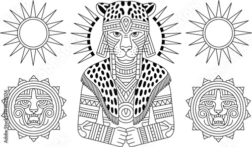 Jaguar warrior with sun and face symbols line art vector