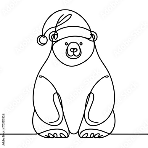 Big humorous polar bear in Santa hat outline drawing, vector, simple line drawing, minimalistic, single line, simple line, isolated, transparent background