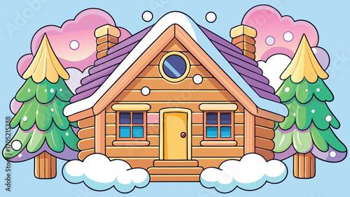 Charming wooden cabin nestled among snow covered pine trees with fluffy pink clouds and falling snowflakes during winter