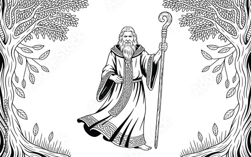 Old man with beard and staff standing under trees vector