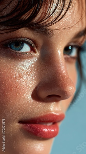A woman with wet hair and a blue eye
