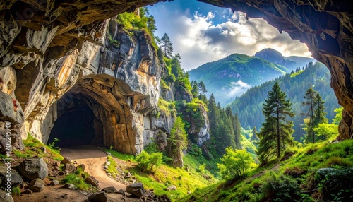 Stunning landscape of mountains and forests seen from inside a large cave with natural rock arch, symbolizing exploration and adventure.