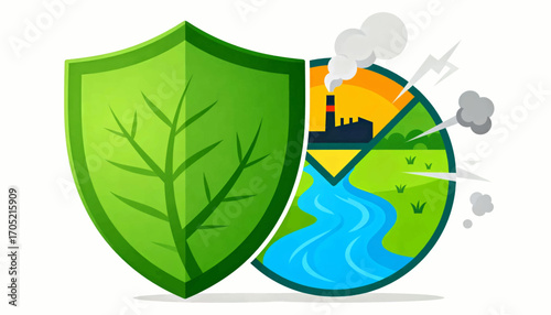 Graphic illustration showing a leaf shield protecting the environment from industrial pollution.