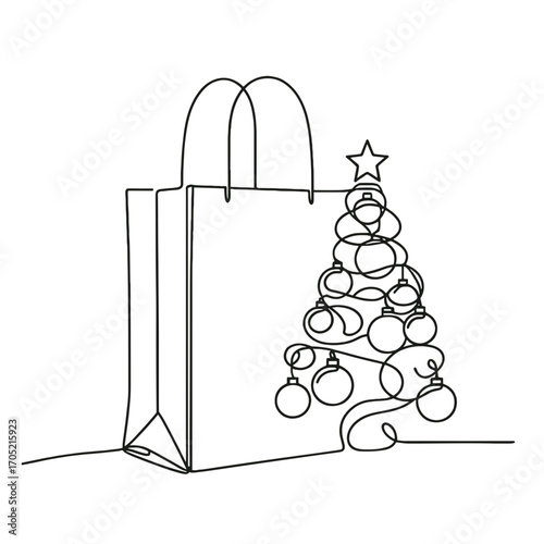 Stylized gift bag and Christmas tree outline drawing, vector, simple line drawing, minimalistic, single line, simple line, isolated, transparent background