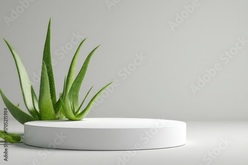 Fresh Aloe Vera Plant and White Product Podium on Clean Grey Background