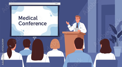 Medical Conference Forum Scientists Presenting Research Findings on Stage
