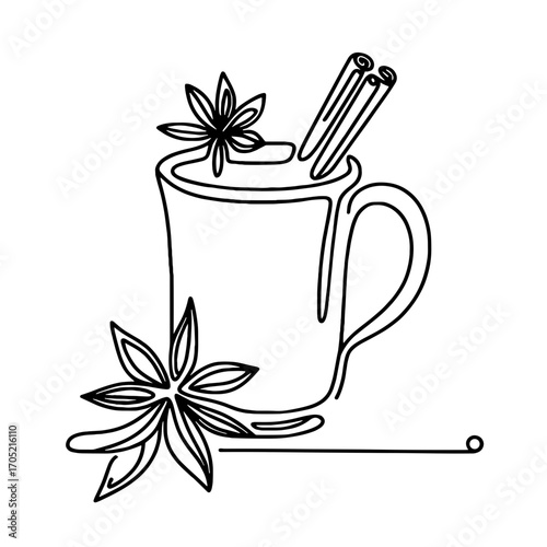 Mug of mulled wine with anise and cinnamon sticks outline drawing, vector, simple line drawing, minimalistic, single line, simple line, isolated, transparent background