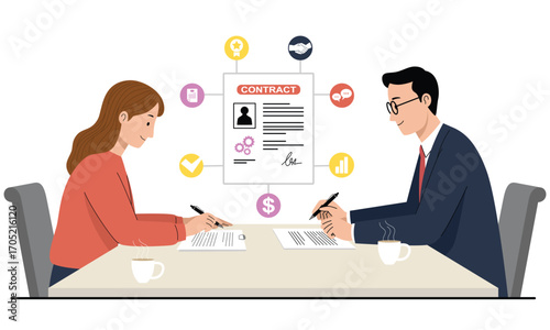 Business Contract Signing Between Two People. Vector illustration