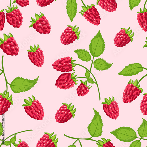 modern abstract design with seamless pattern of ripe red raspberries on a branch