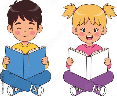 Children reading books cartoon, cross-legged pose illustration, literacy and education vector, cheerful student characters, school activity design asset