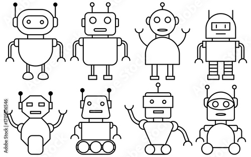Minimal black and white vector icons of different robots, perfect for technology, AI, and innovation concepts. Set of artificial intelligence robots in simple outline design, representing future