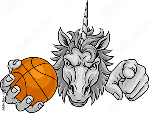 Unicorn horse stallion basketball angry sports team mascot holding a ball.