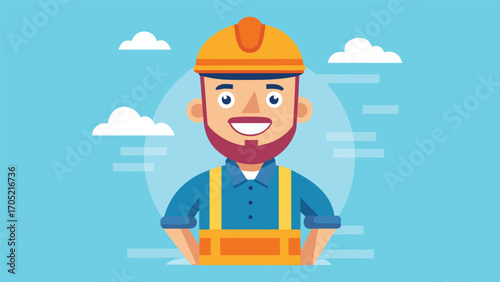 Construction worker smiling with hard hat against a blue sky and clouds, expressing positivity and readiness