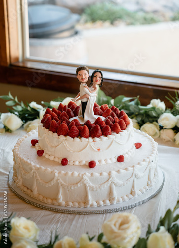 A funny wedding cake decorated with replica figures of the bride and groom and fresh strawberries. Copies of the newlyweds on top symbolizing the celebration and joyful beginning of marriage