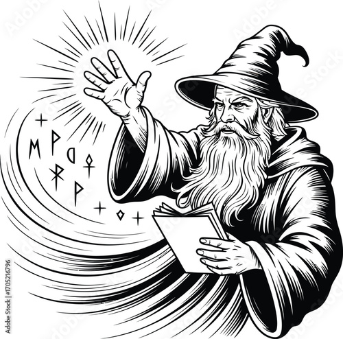 Old wizard with long beard casting spell from book