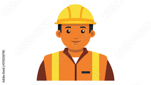 Construction worker wearing hard hat and safety vest stands confidently in a workplace setting