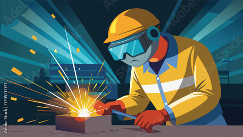 Skilled worker performing welding at night in an industrial setting with bright sparks flying