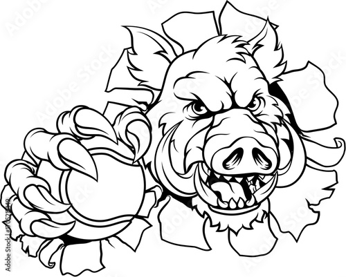 A wild boar, hog razorback warthog pig mean tough cartoon sports mascot holding a tennis ball