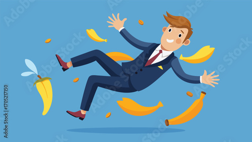 Businessman slips on banana peels while having fun in a cartoonish illustration