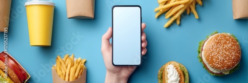 Smartphone held amidst food items on a blue background including fries burgers and a drink