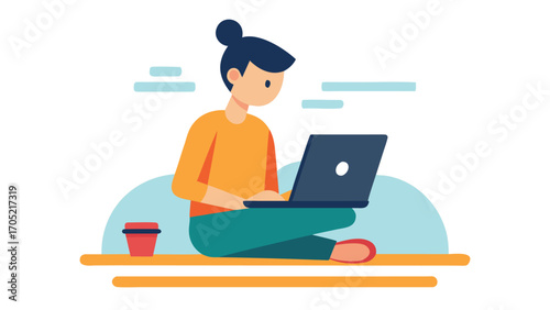 Person working on laptop while sitting comfortably with coffee in a relaxed indoor setting
