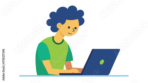 Young person engages with laptop while working on a project in a bright indoor space