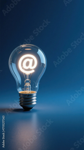 Transparent Incandescent Bulb with Glowing @ Symbol Inside on Gradient Blue Background - Symbolizing Digital Communication and Innovation in Modern Design