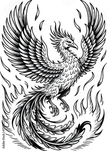 Black and white phoenix bird with outstretched wings and fiery tail