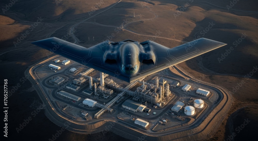 Fototapeta premium Advanced aircraft flying over industrial facility in desert landscape