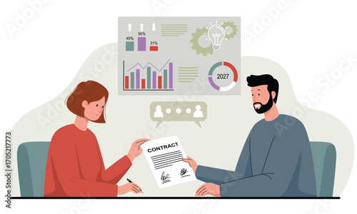 Man and woman signing contract in meeting room. Vector illustration
