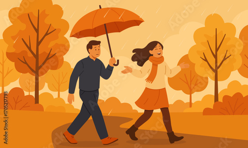 Illustration of a couple walking in autumn park under umbrella. Man holds umbrella, woman smiles, rain and orange trees around. Romantic fall scene.