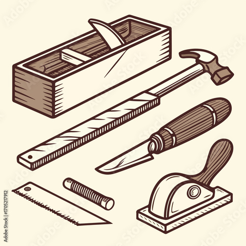 Vintage wooden toolbox with saw, chisel, hammer, and other carpentry equipment for woodworking and craft projects