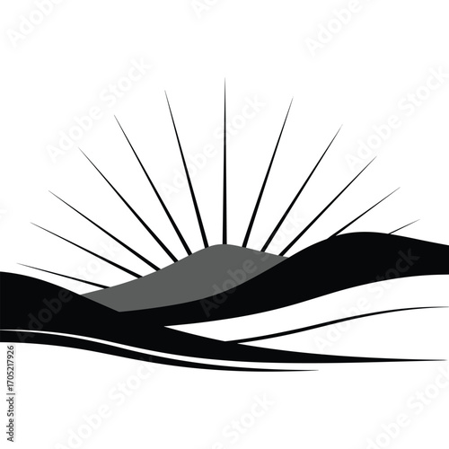 Stylized sunrise over rolling hills in black and gray sun rays landscape