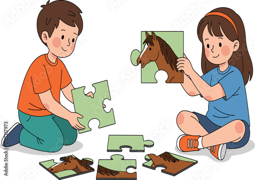 Children, assembling, puzzle, horse, jigsaw, playtime, teamwork, learning, siblings, concentration, floor, colorful, fun, indoor, activity, bonding, cognitive, development, kids, education