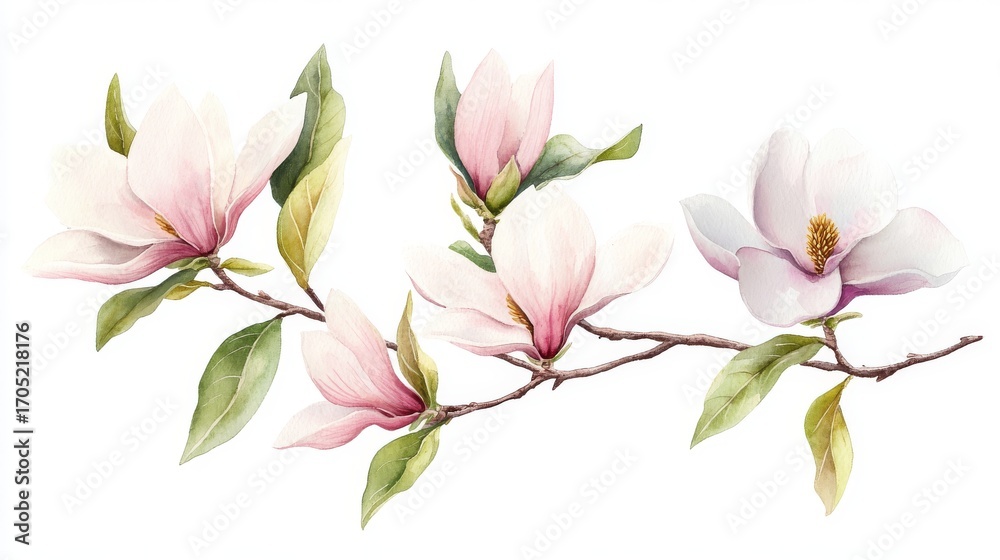 Obraz premium 32.A delicate watercolor illustration of soft light pink magnolia flowers, twigs, and green leaves, hand-painted with attention to detail. The soft pastel pink petals contrast gently with the light