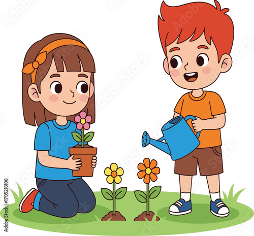 Children, gardening, teamwork, nature, flowers, watering, planting, outdoor, environment, kids, care, green, grass, potted, activity, learning, collaboration, spring, growth, education