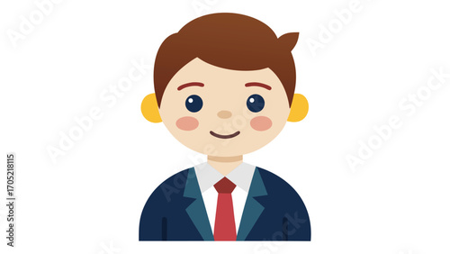 Friendly cartoon character wearing a suit with a tie, smiling warmly in a cheerful expression