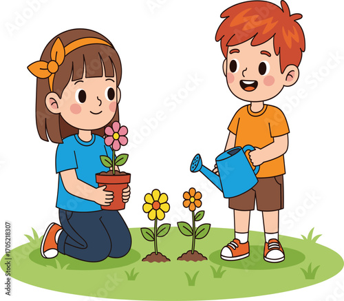 Children, gardening, teamwork, nature, flowers, watering, planting, outdoor, kids, environment, care, grass, spring, fun, education, collaboration, growth, potted, learning, activity