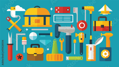 Vibrant collection of hand tools and equipment arranged creatively on a bright blue background