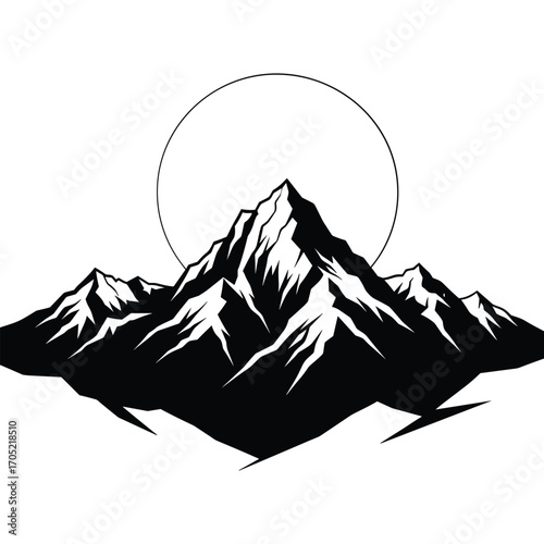 Black and white graphic illustration of jagged mountain peaks with a circular sun behind them summit